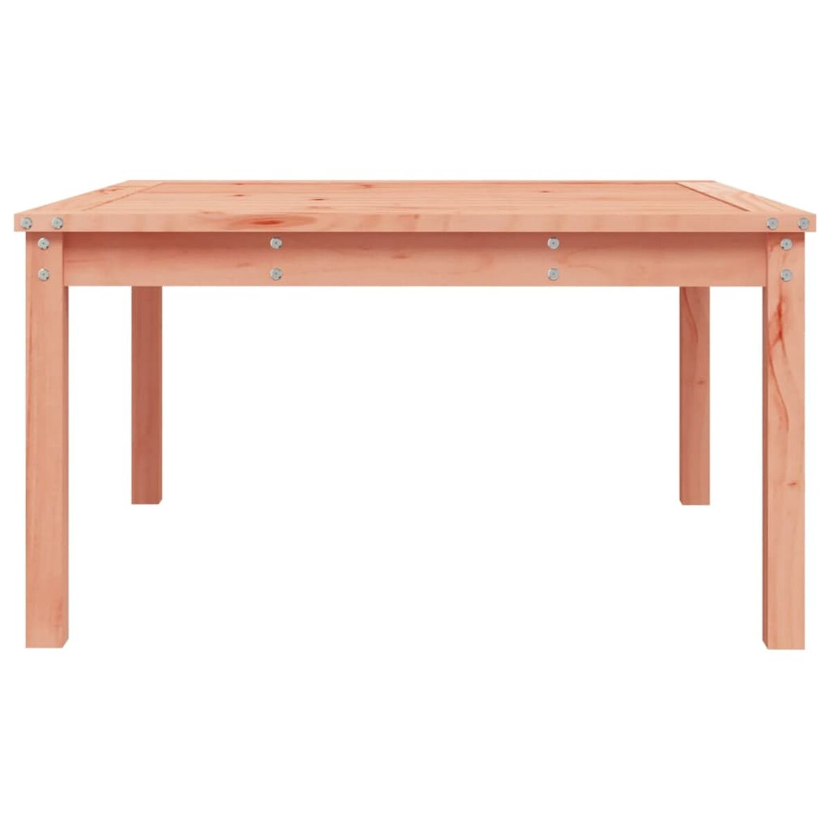 Esstisch aus Holz. Er hat eine rechteckige Platte mit Metallbolzen an den Ecken.