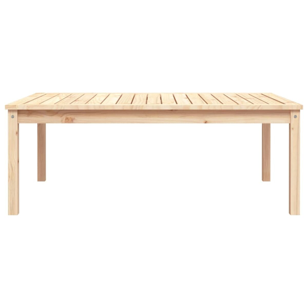 Ein großer rechteckiger Holztisch aus hellem Holz. Die Oberfläche hat parallele Rillen.