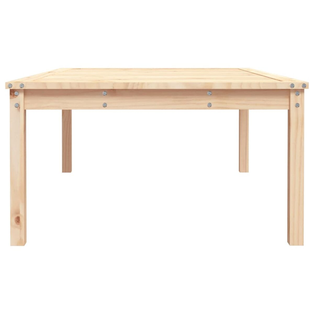 Ein rechteckiger Tisch aus hellem Holz mit vier Beinen. Der Tisch ist leer und neu.