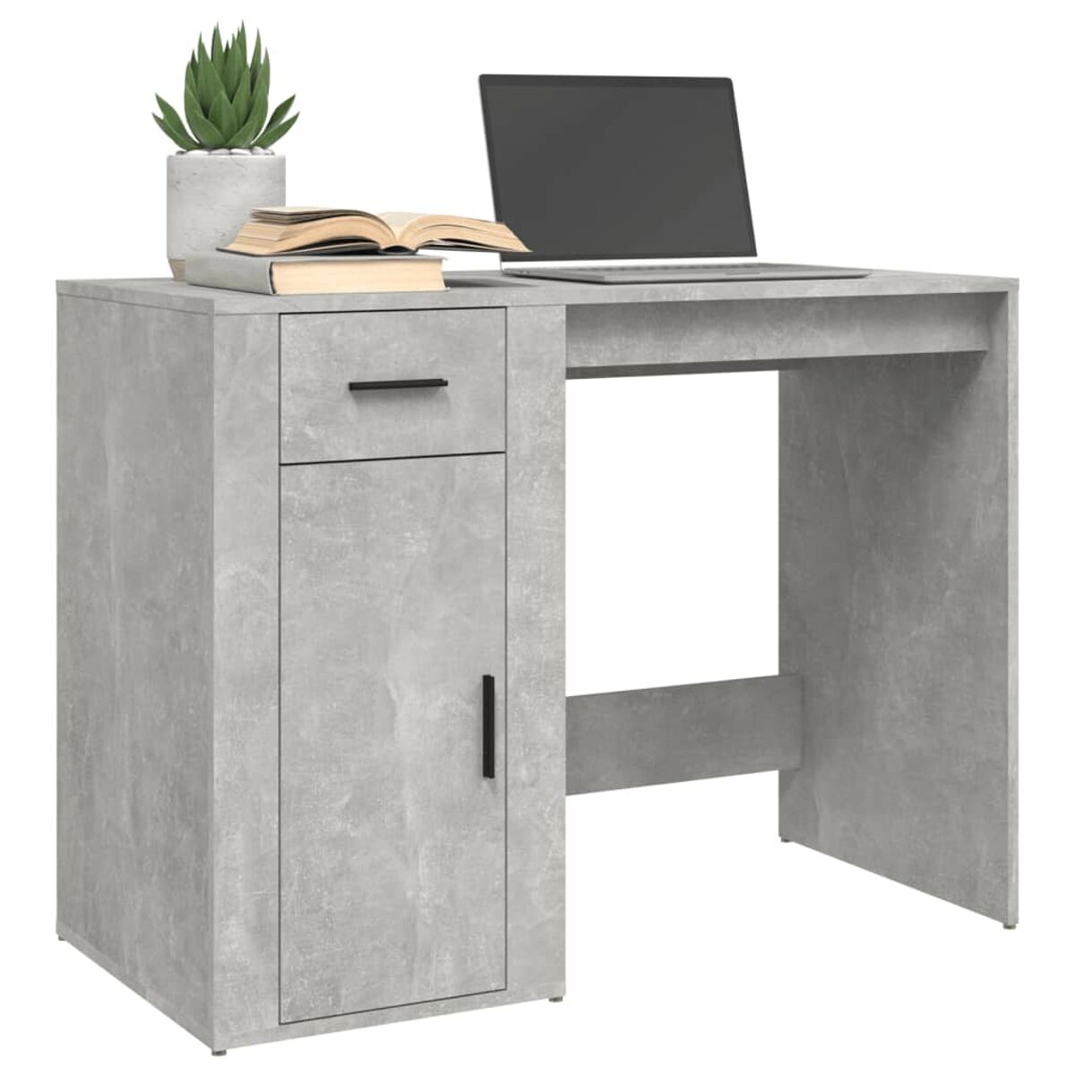Grauer Schreibtisch mit Schublade und Schrank. Laptop, Pflanze und Bücher obenauf. Weißer Hintergrund.