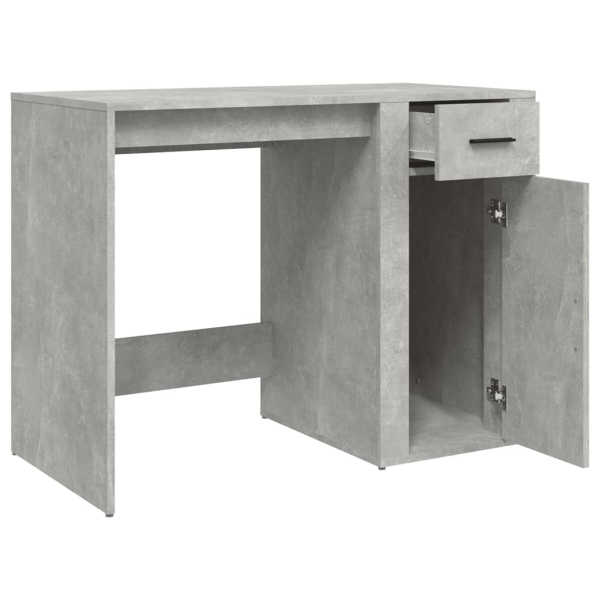Grauer Schreibtisch mit Schublade und offenem Schrank. Weißer Hintergrund. Betonartige Textur.