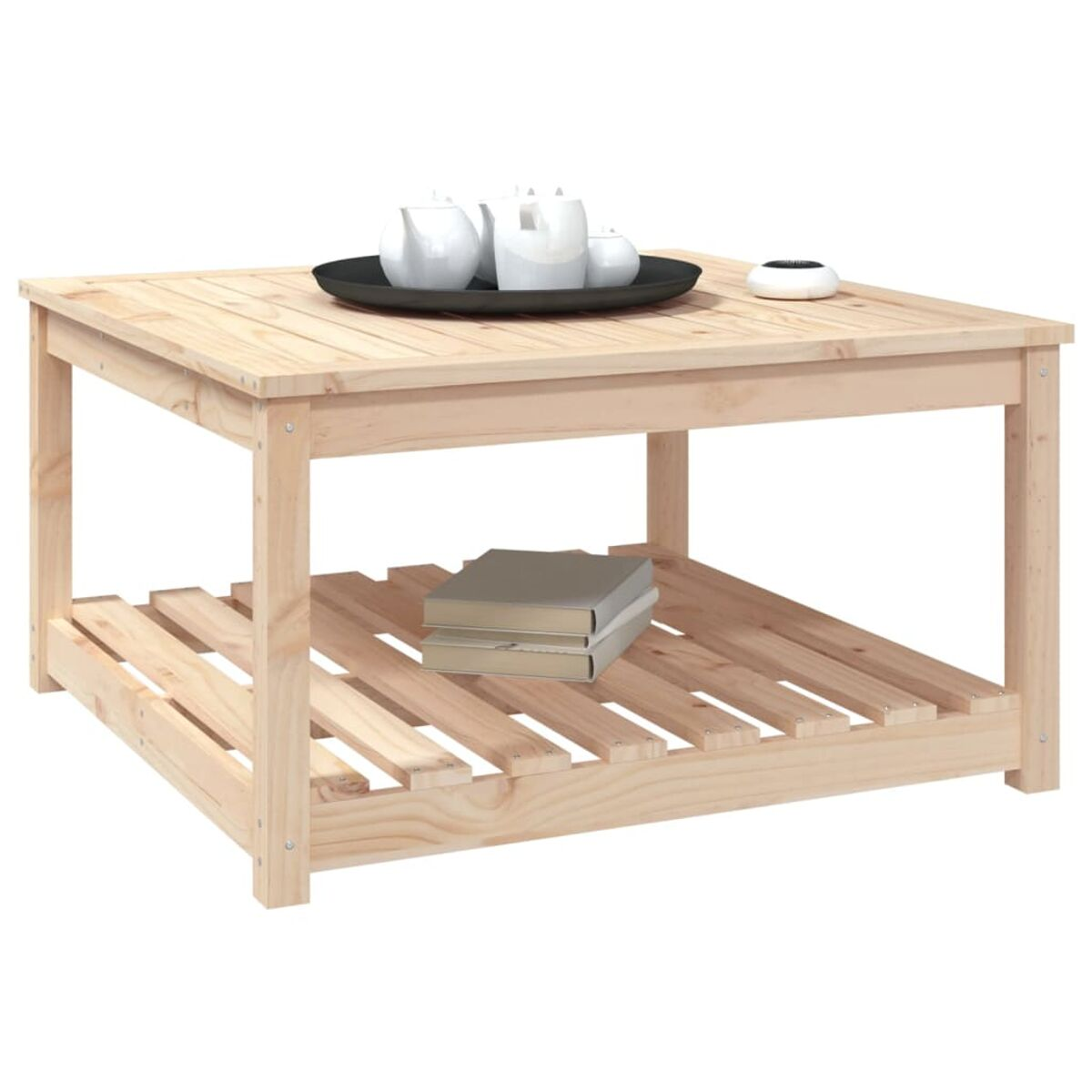 Quadratischer Holztisch mit unterem Regal. Tablett mit Gegenständen oben. Bücher unten.