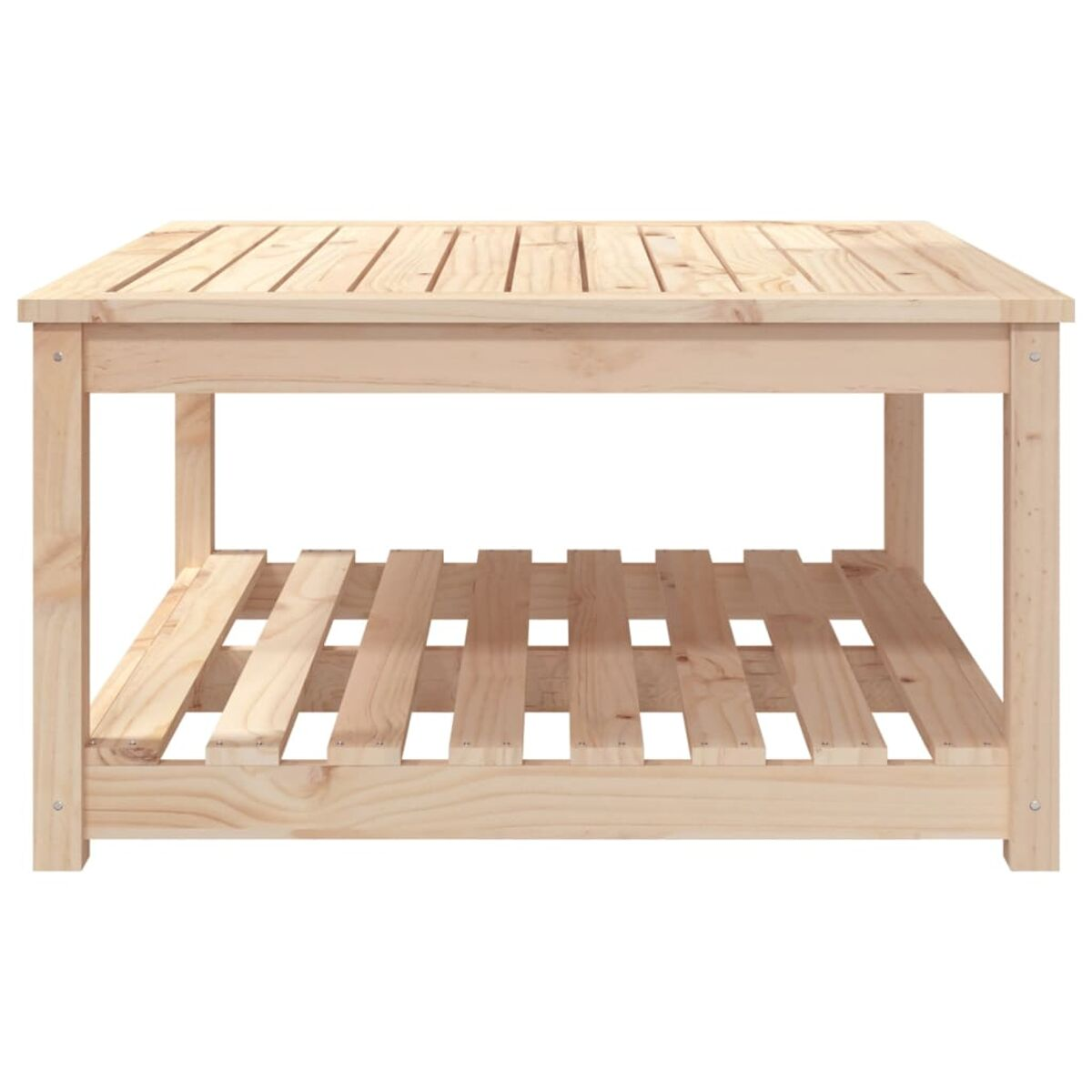 Holztisch mit Lattenrost und unterem Regal. Naturholzfarbe.