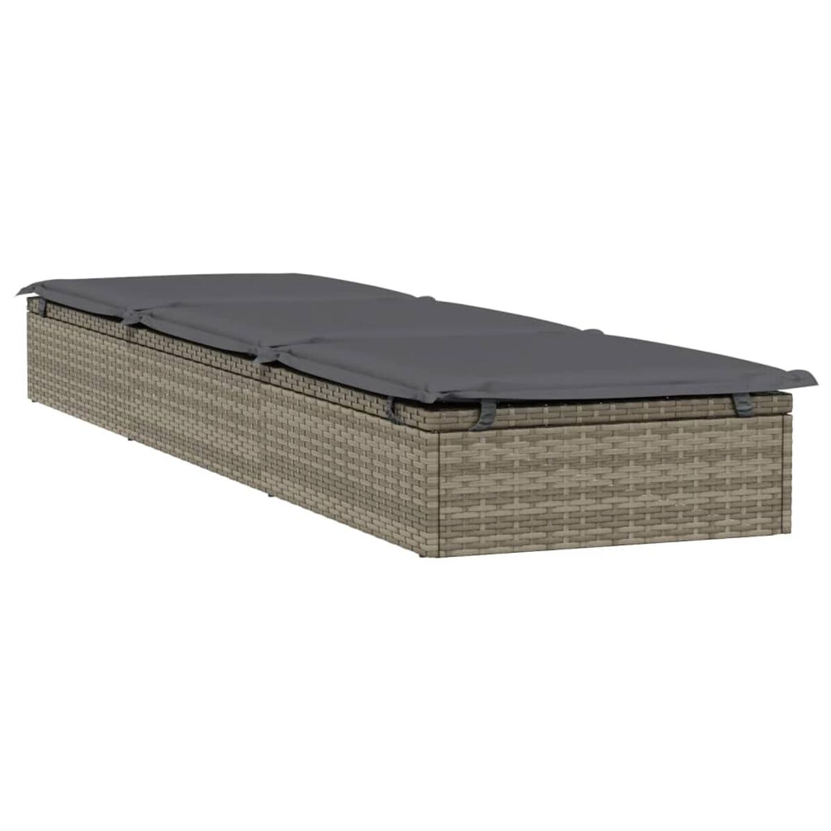 Eine graue Outdoor-Aufbewahrungsbox aus Korbgeflecht mit einem Kissen oben drauf.