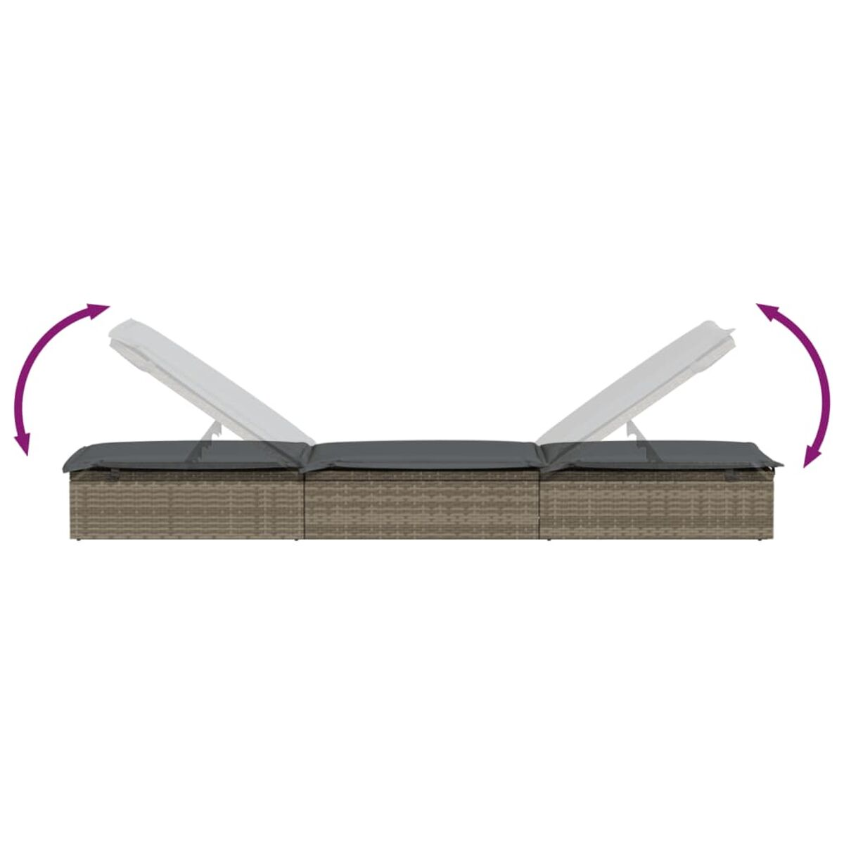 Rattan-Sofa mit grauen Kissen. Pfeile zeigen verstellbare Rückenlehnen.