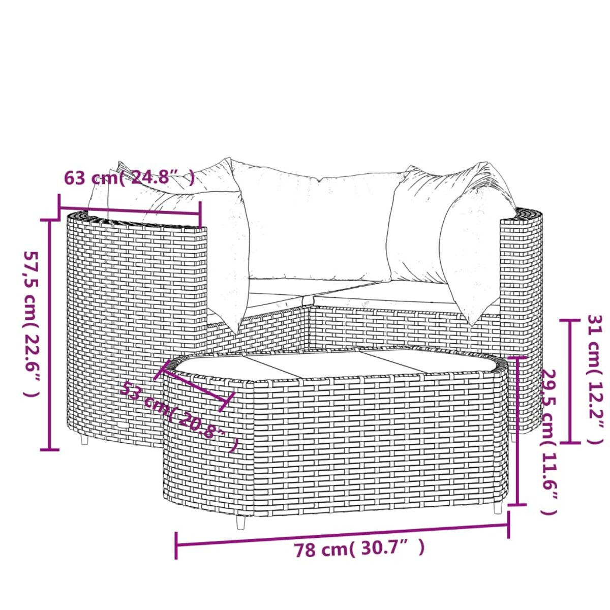 Geflochtenes Sofaset mit Maßen. Enthält ein Sofa und einen Tisch. Weißer Hintergrund mit Abmessungen.