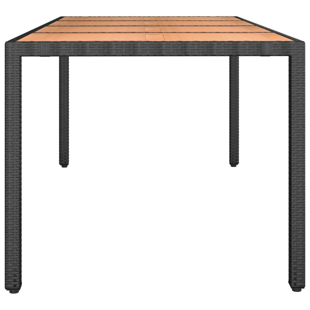 Ein schwarzer Gartentisch mit brauner Holzoptik und vier Beinen.