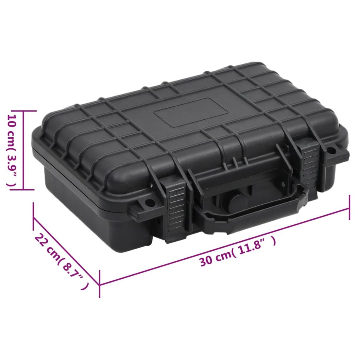 Schwarze, rechteckige wasserdichte Box mit Maßangaben. Sie hat einen Griff und zwei Verschlüsse.