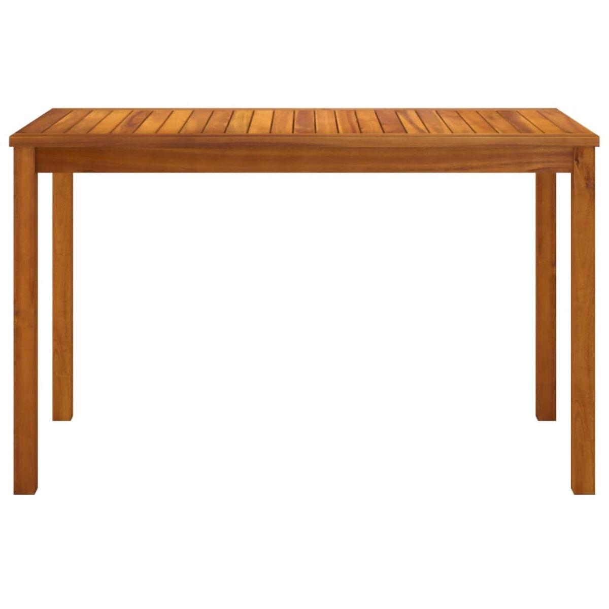 Rechteckiger Holztisch mit Lamellen und Beinen. Vorderansicht vor weißem Hintergrund.