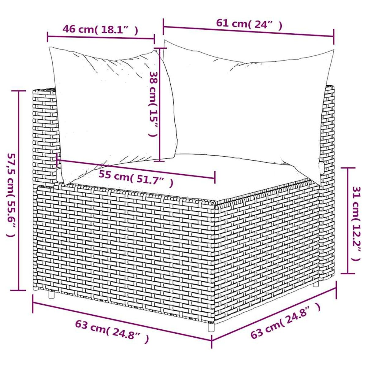 Outdoor-Sessel aus Korbgeflecht mit beschrifteten Abmessungen. Er hat ein Kissen und eine quadratische Form.