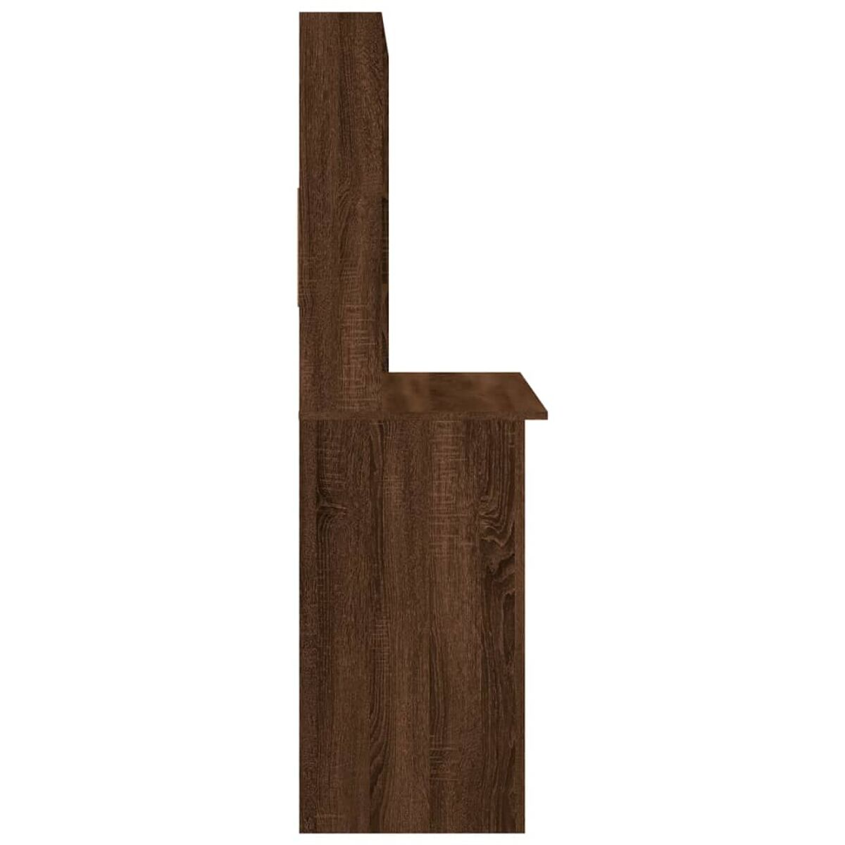 Seitenansicht eines dunklen Holzschreibtisches mit Schubladen und einem oberen Regal.