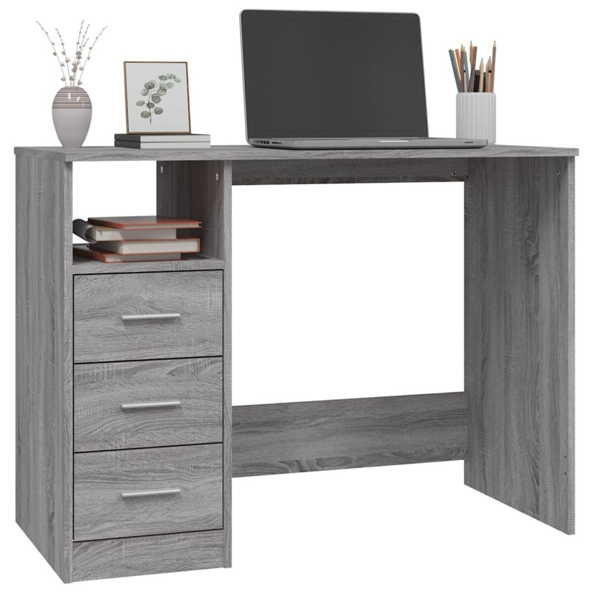 Grauer Schreibtisch mit Schubladen, Regalen und Laptop. Weißer Hintergrund.
