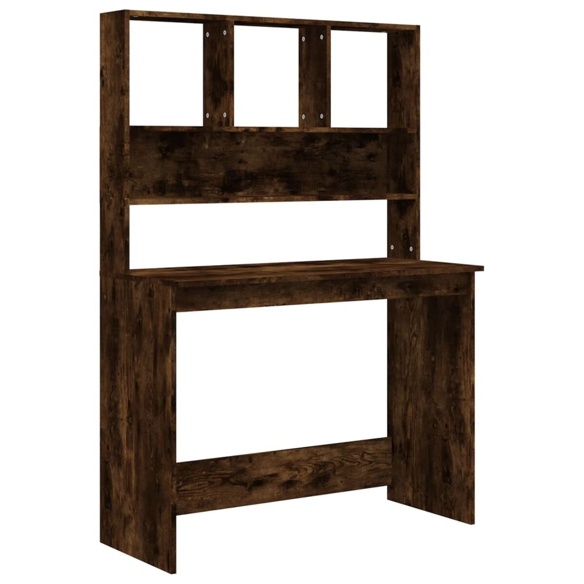 Brauner Holzschreibtisch mit Regalen darüber. Es hat eine rechteckige Form mit sichtbarer Holzmaserung.
