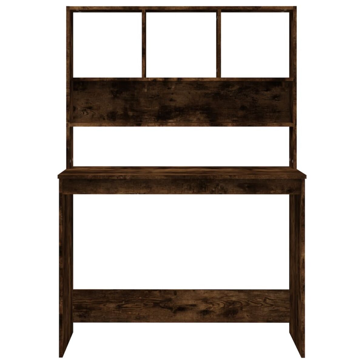 Holzschreibtisch mit Aufsatz, dunkelbraun, klares und schlichtes Design.