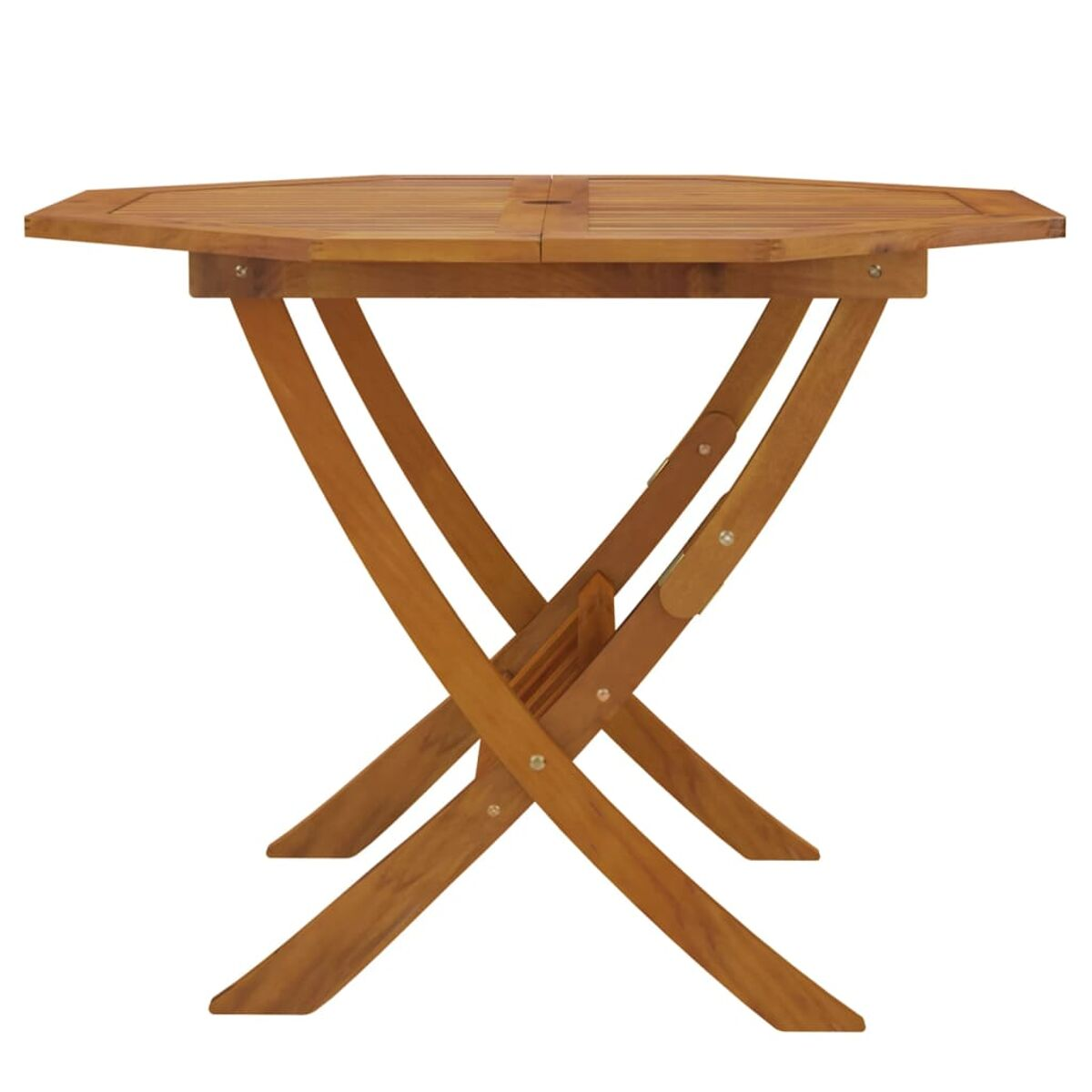 Klapptisch aus Holz mit achteckiger Platte, auf weißem Hintergrund.
