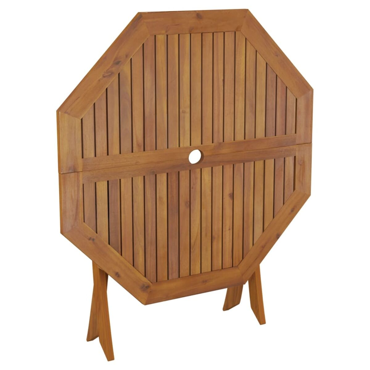 Achteckiger Holztisch. Es hat ein offenes Design mit einem Loch in der Mitte.