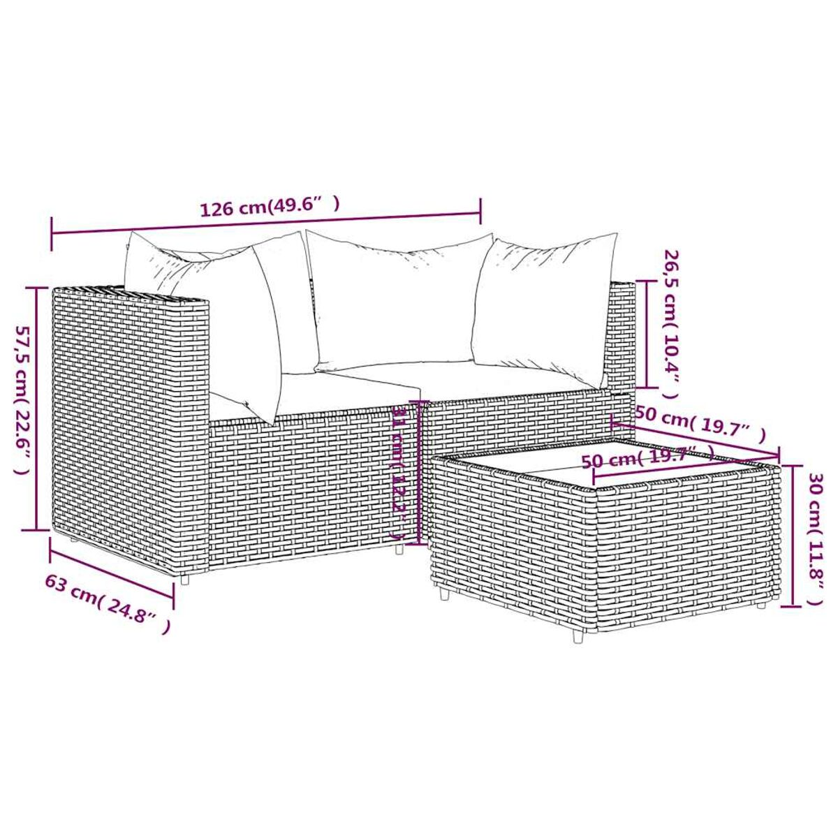 Outdoor-Sofa aus Korbgeflecht mit beschrifteten Abmessungen. Es hat zwei Kissen und einen quadratischen Tisch.