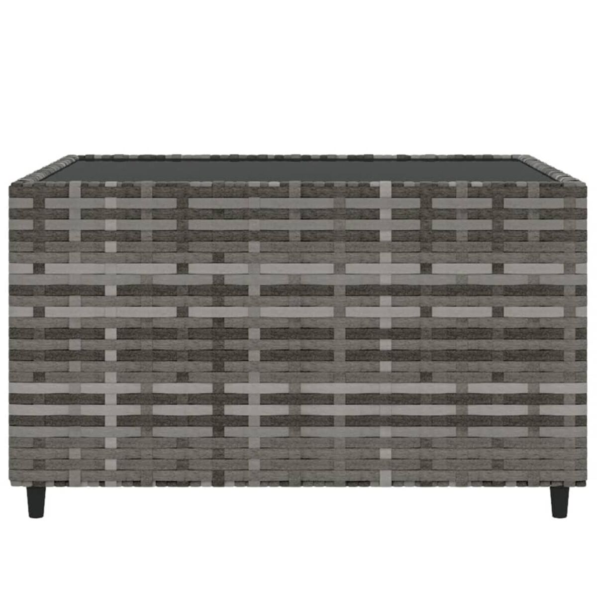 Eine graue Aufbewahrungsbox aus Rattan. Sie ist rechteckig und hat schwarze Füße.