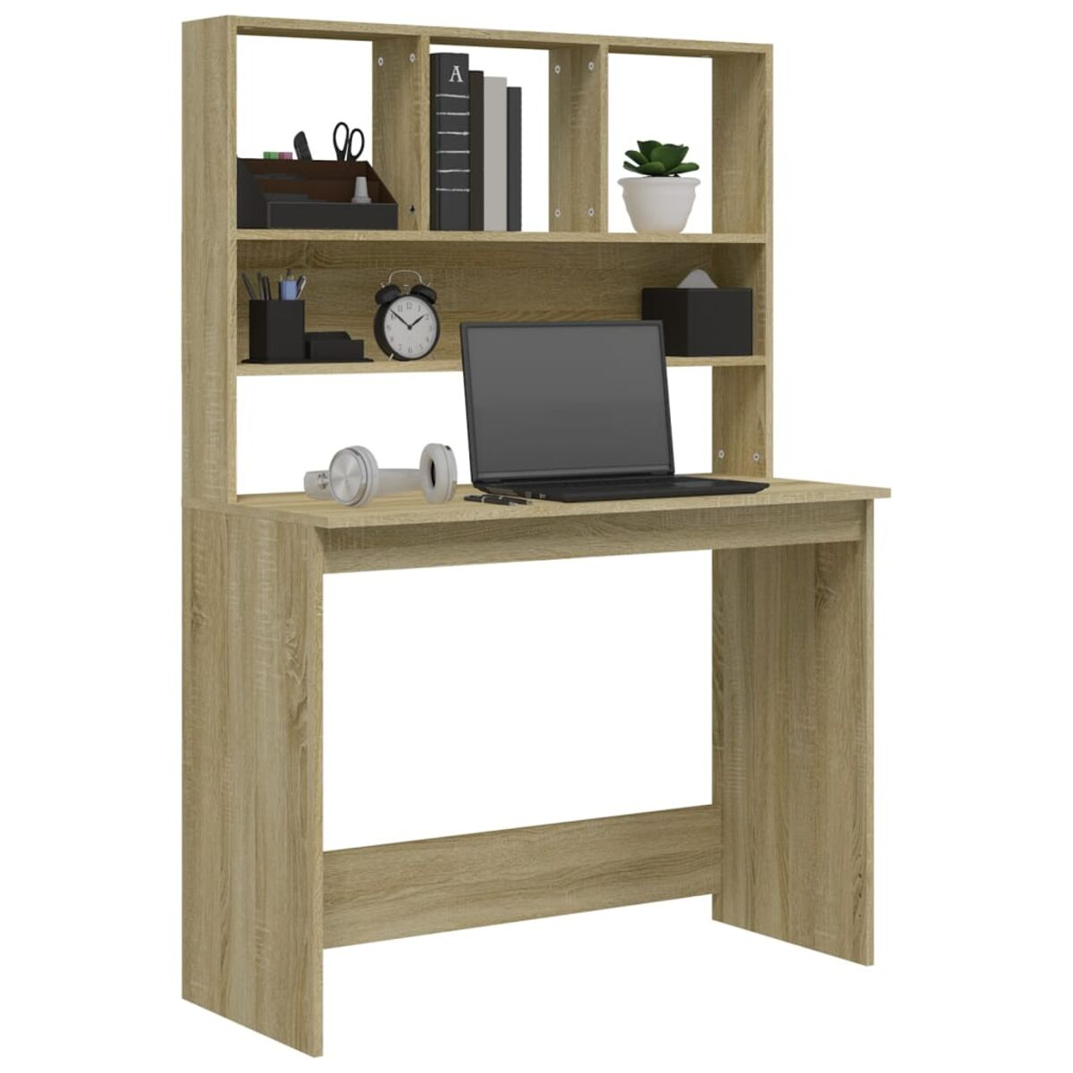 Holzschreibtisch mit Aufsatz. Er hat Regale, einen Laptop und Bürobedarf.
