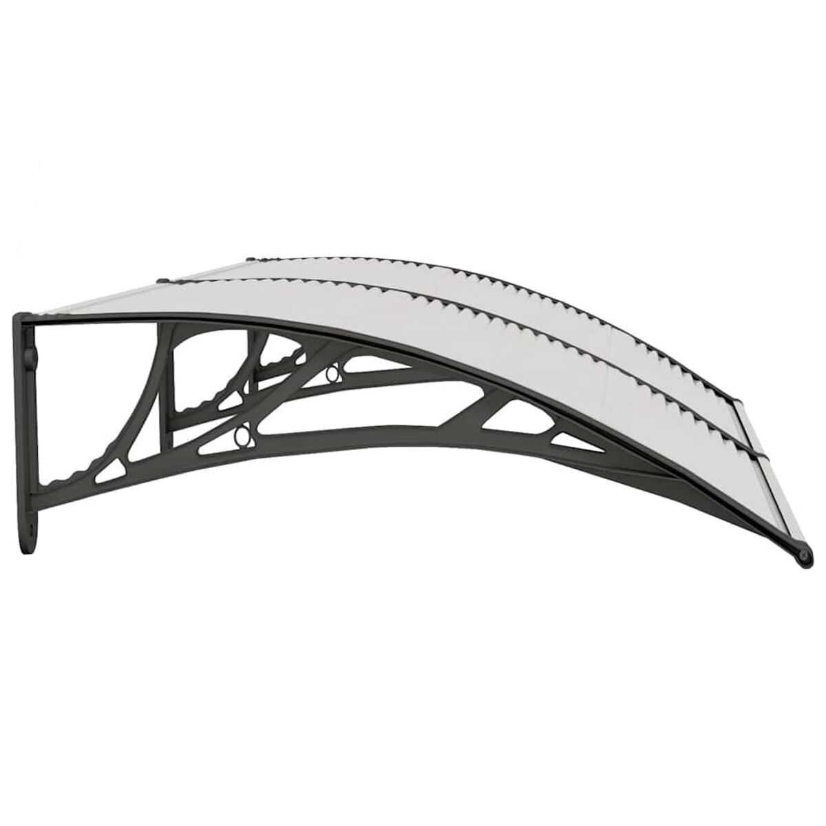 Ein weißes und schwarzes Vordach, das an einer Wand montiert ist. Es hat ein gewölbtes Design.