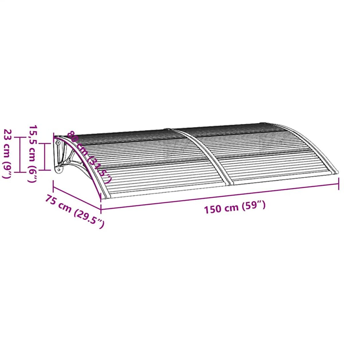 Gewölbte Markise, Abmessungen: 150 cm lang, 75 cm breit und 23 cm hoch.