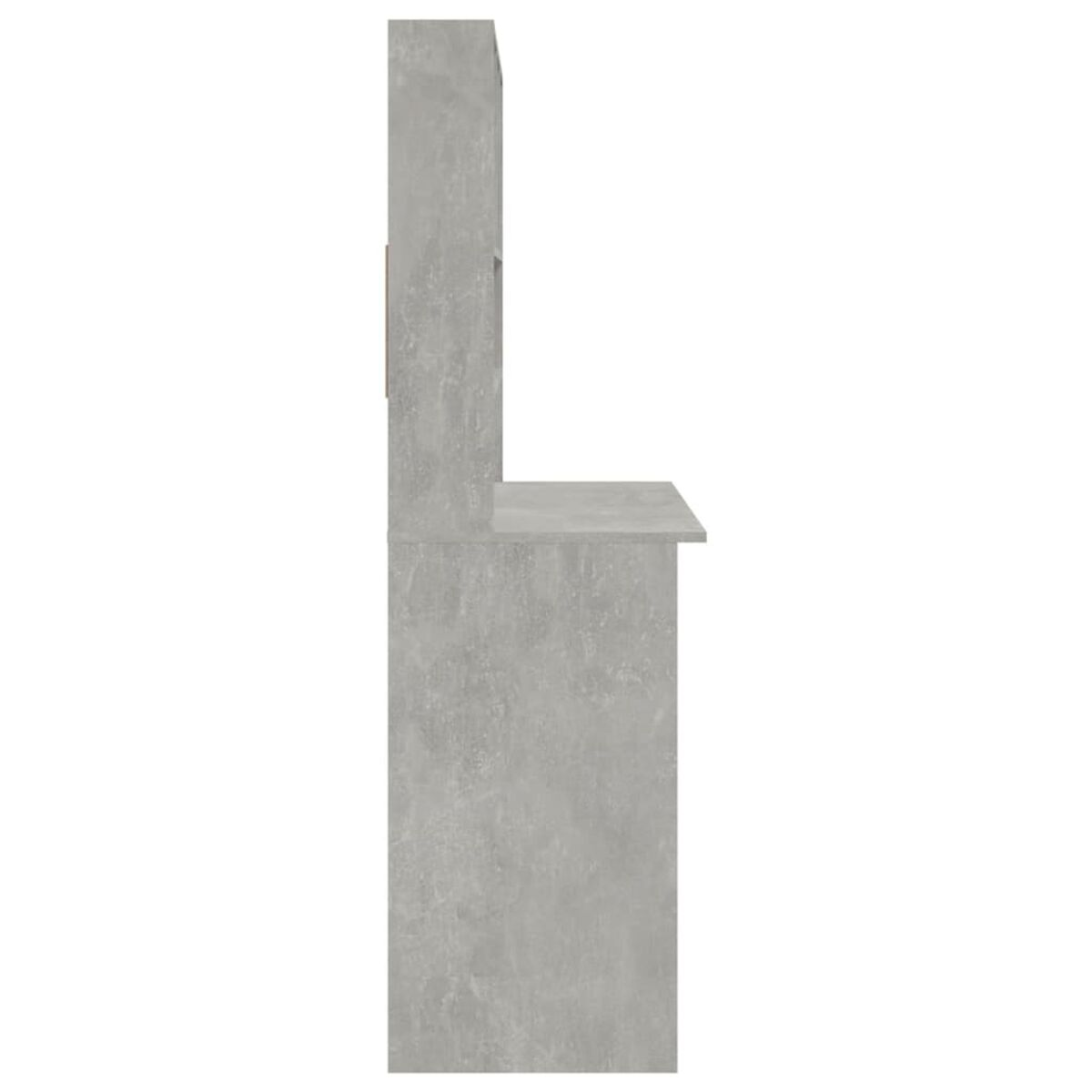 Seitenansicht eines grauen Schreibtisches mit Schubladen. Der Schreibtisch hat ein modernes Design.