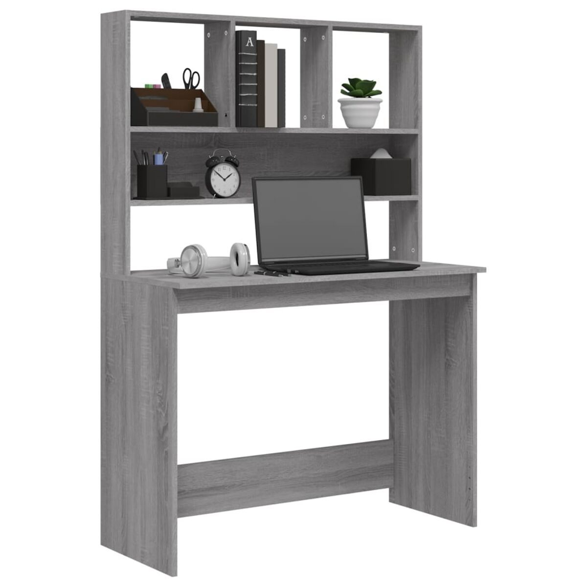Grauer Schreibtisch mit Aufsatz, Laptop und Zubehör. Weißer Hintergrund.