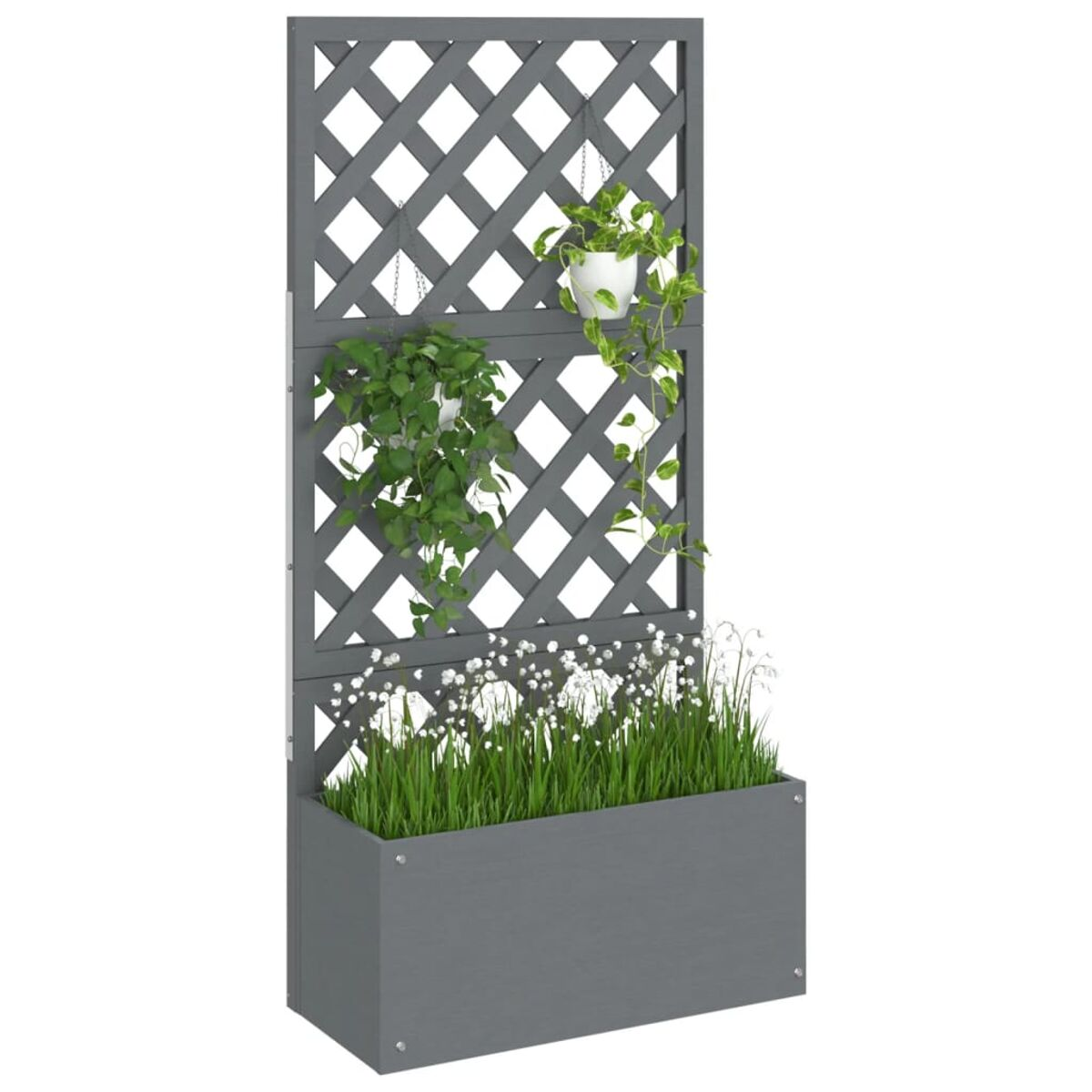 Graues Spalier mit integriertem Pflanzkasten. Grüne Pflanzen und weiße Blumen sind sichtbar.