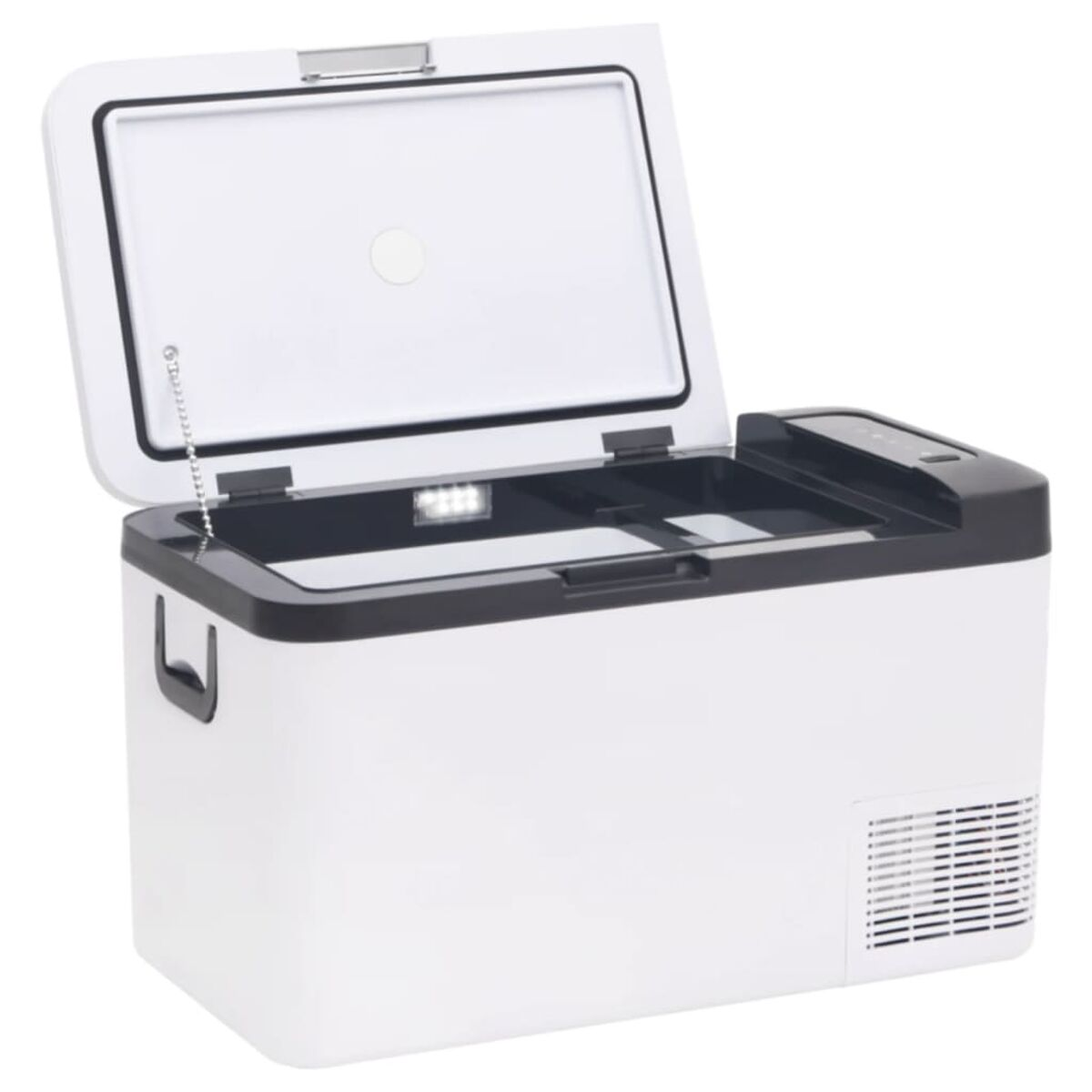 Eine weiße Kühlbox mit offenem schwarzem Deckel. Sie hat einen Griff, eine Digitalanzeige und eine Seitenlüftung.