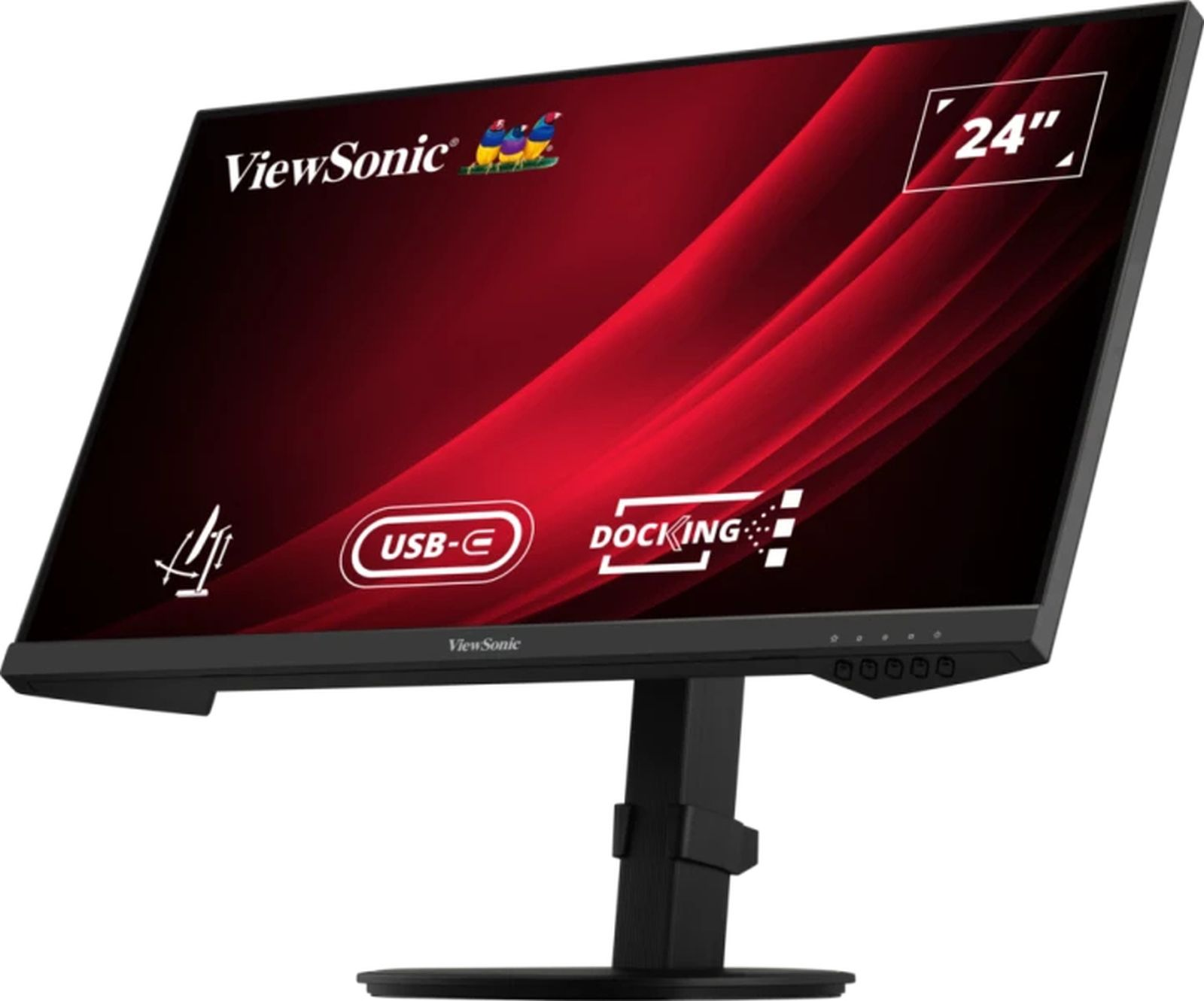 Czarny monitor ViewSonic 24" wyświetla czerwoną grafikę z etykietami USB-C i docking.