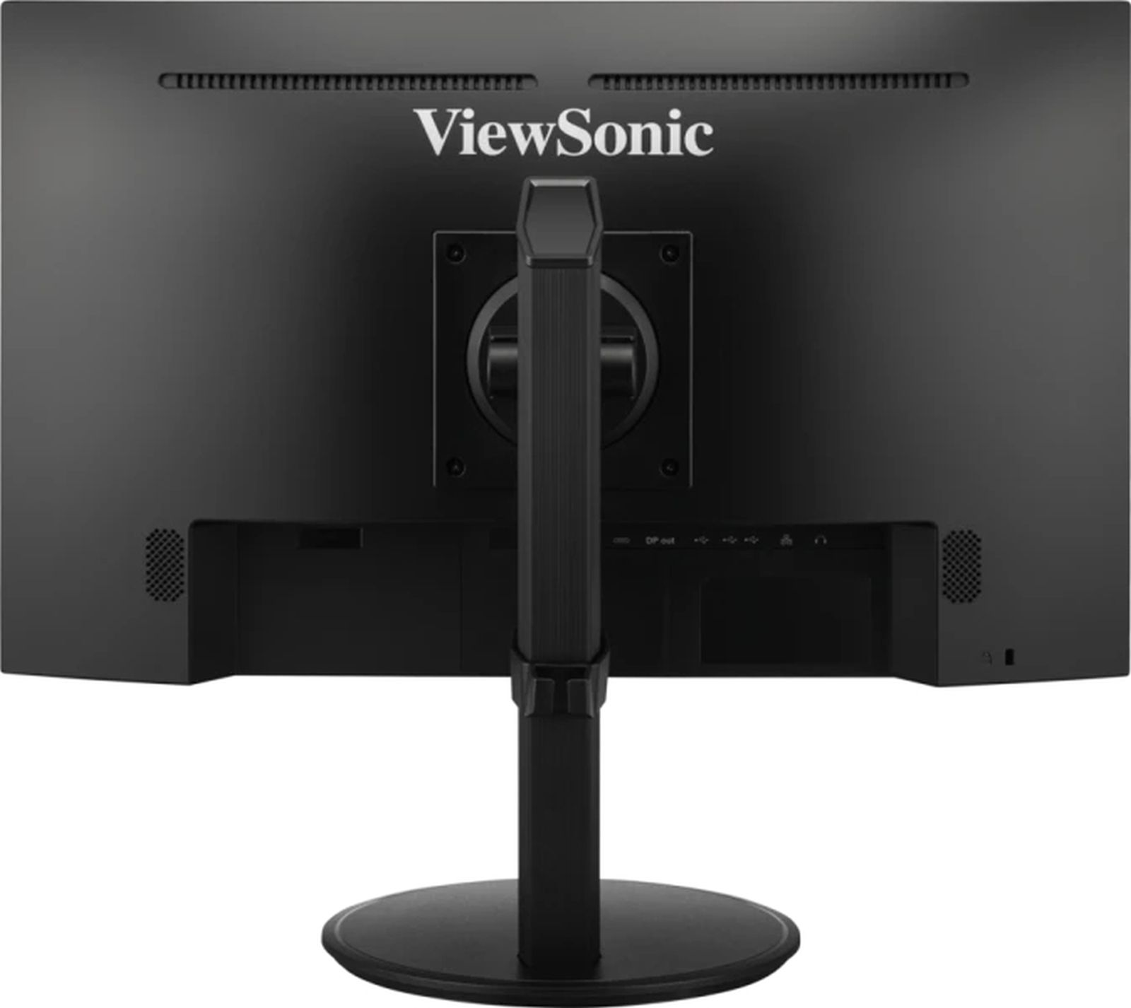 Monitor ViewSonic, czarny, widok z tyłu. Posiada podstawkę i różne porty.