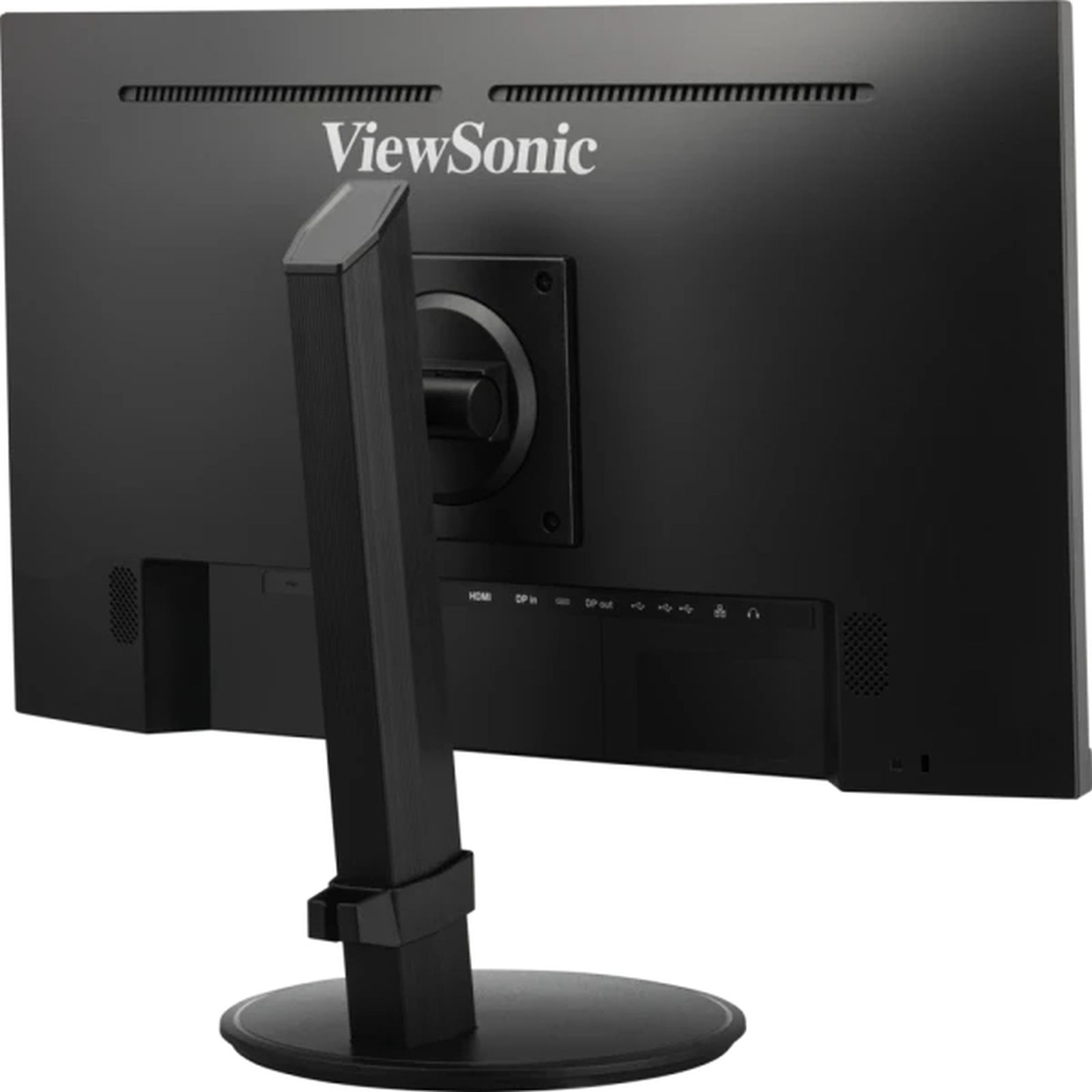 Tył czarnego monitora komputera ze stojakiem. Monitor ma logo 'ViewSonic'.
