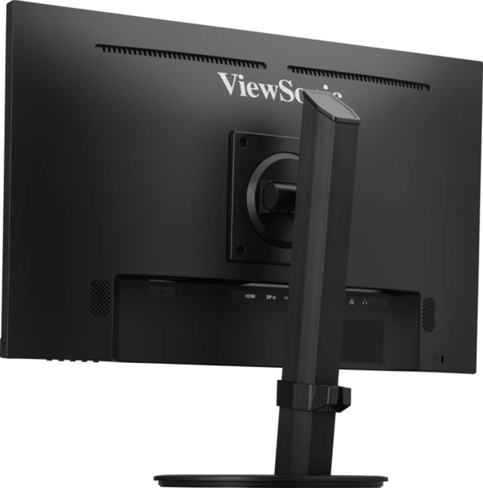 Tył czarnego monitora komputerowego z widoczną marką 'ViewSonic'. Stojak jest dołączony.
