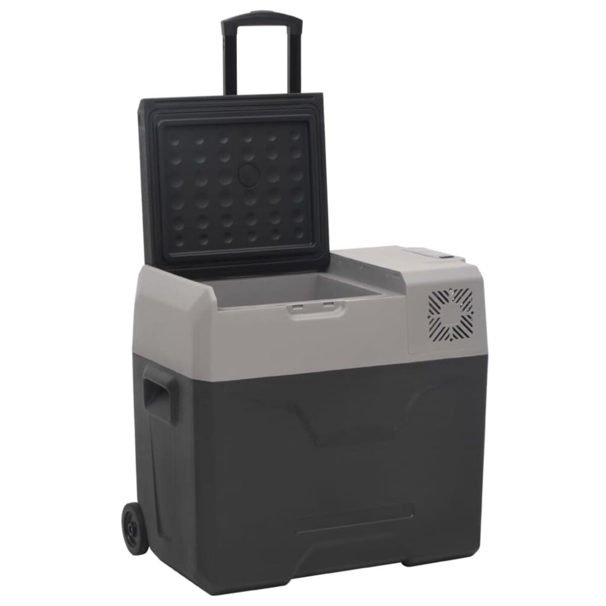 Eine tragbare grau-schwarze Kühlbox mit Rädern, einem Griff und offenem Deckel.