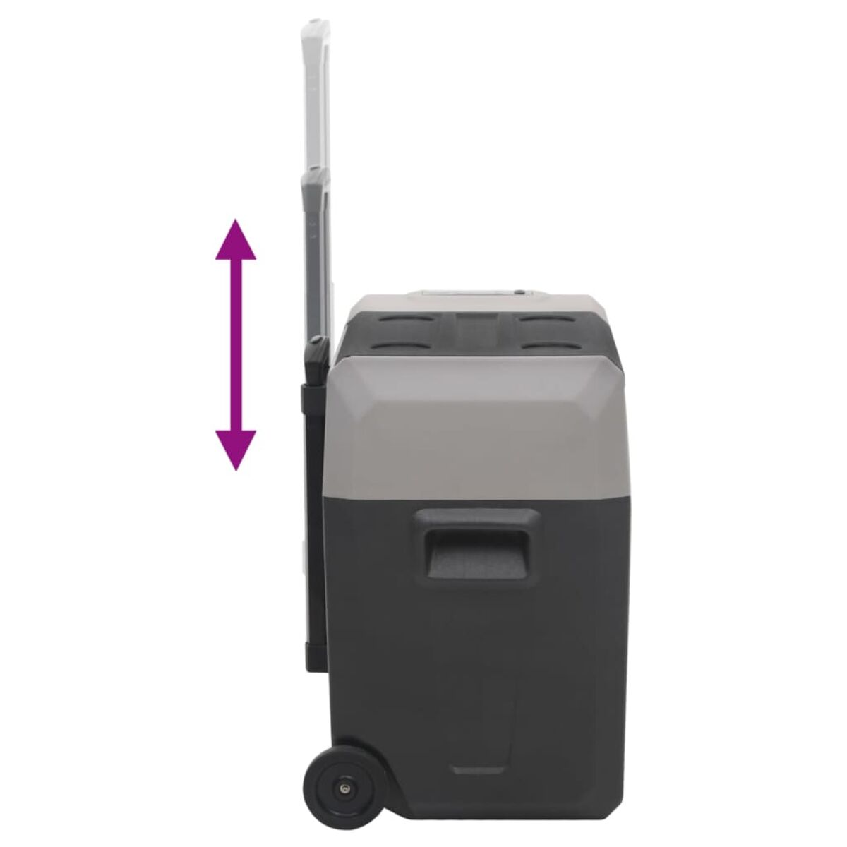 Eine grau-schwarze Kühlbox mit Griff und Rädern. Ein Pfeil zeigt die Höhenverstellung an.