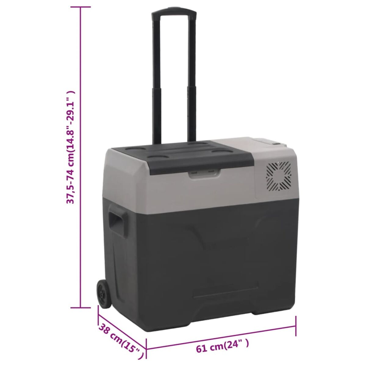 Eine rollbare Kühlbox in Grau und Schwarz, mit Maßangaben.