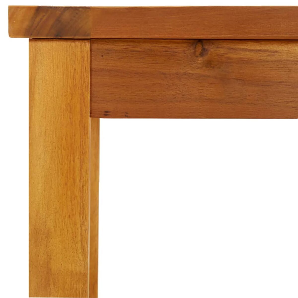 Nahaufnahme einer Holztischecke, die Maserung und eine hellbraune Farbe zeigt.