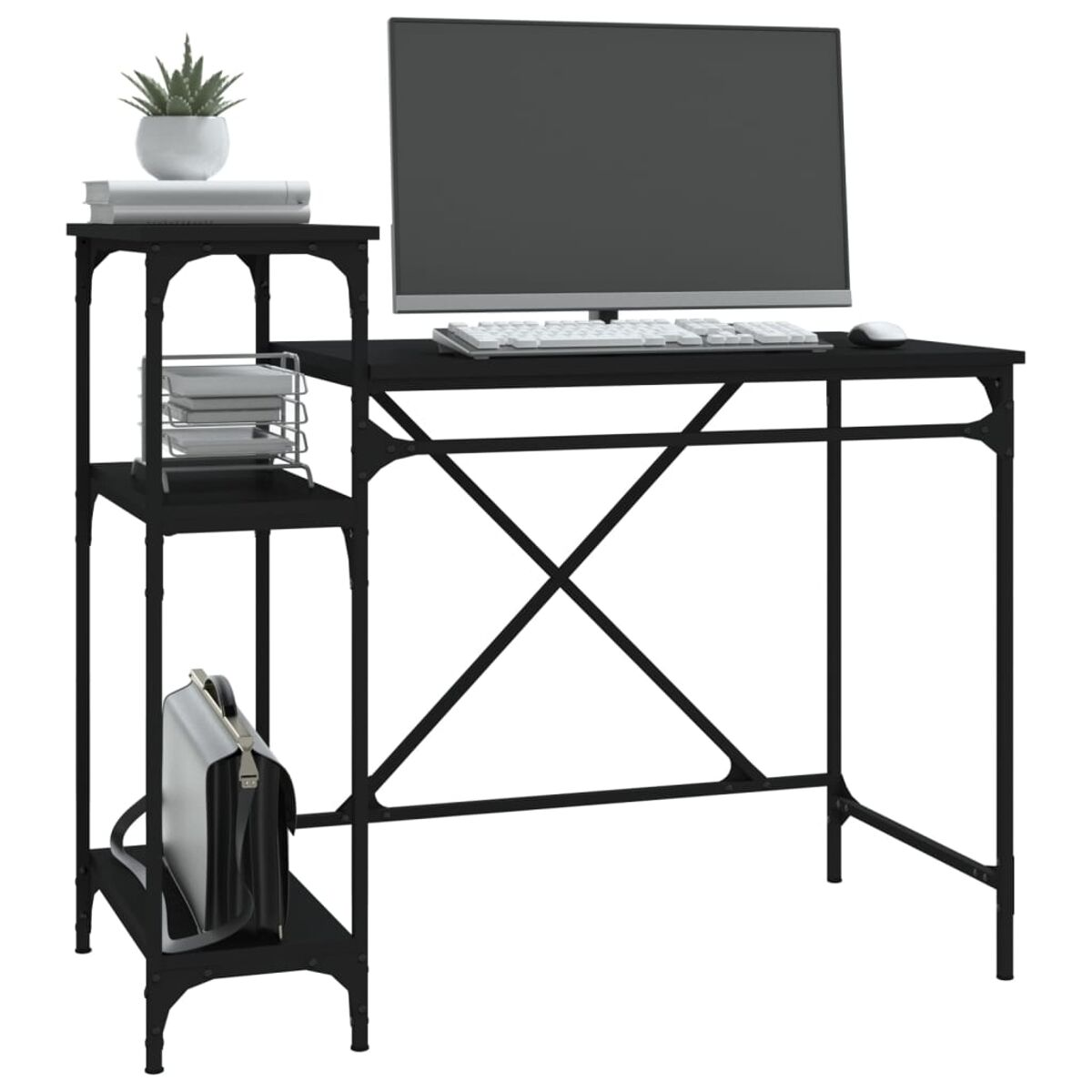 Schwarzer Schreibtisch mit Computer und Zubehör. Es hat seitliche Regale und eine Pflanze oben.