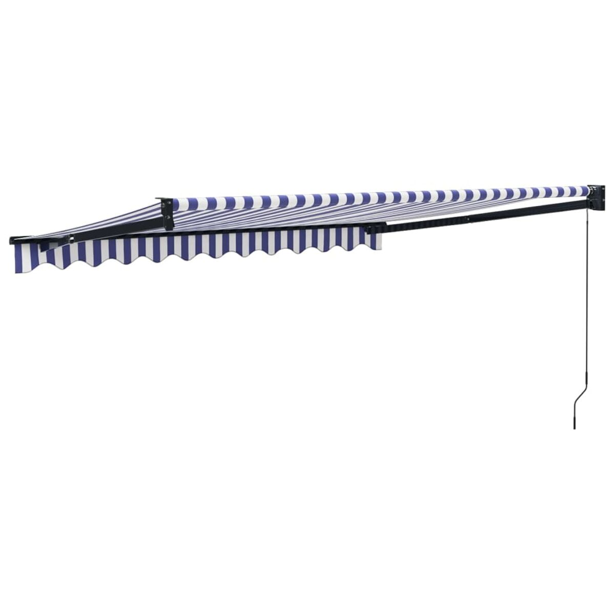 Weißer Markisen mit blau-weißen Streifen, ausgefahren. Ein schwarzer Arm ragt herunter.