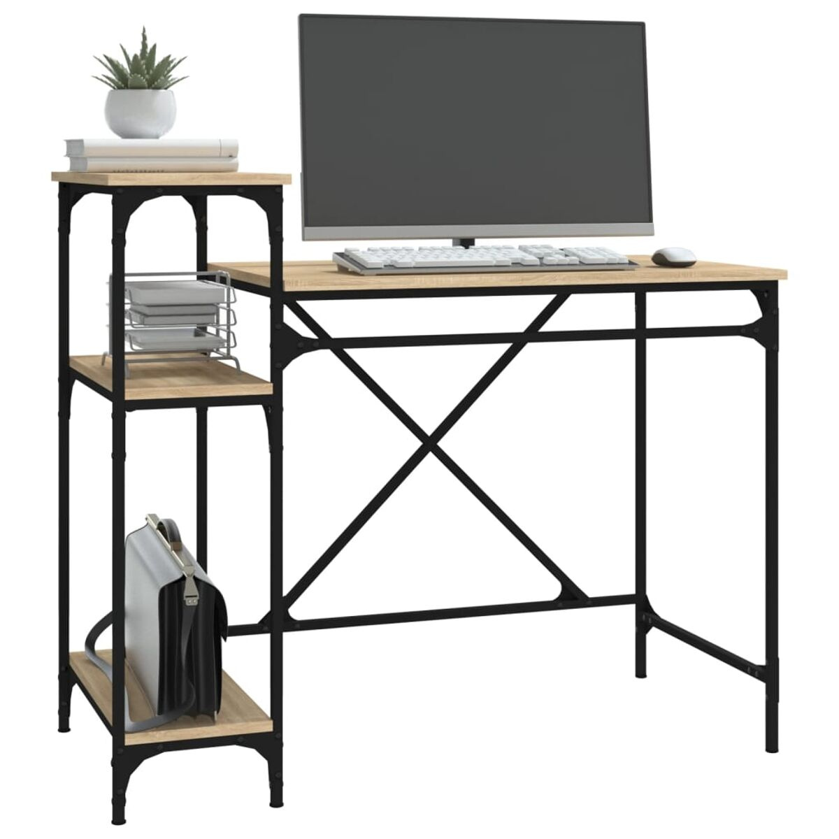 Ein Schreibtisch mit schwarzem Rahmen. Er hat eine Holzplatte und Regale, sowie einen Computer.