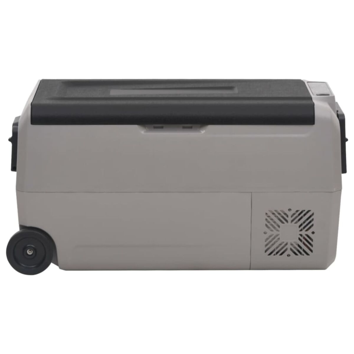 Graue tragbare Kühlbox mit schwarzem Deckel. Schwarzer Griff und Räder. Seitenansicht.