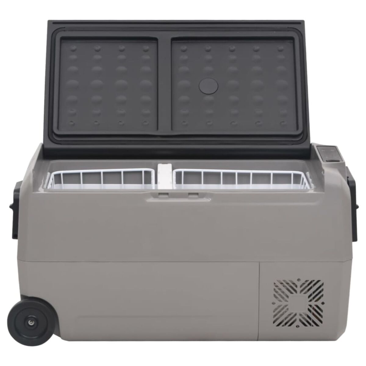 Graue Kühlbox mit schwarzem Deckel und Rädern. Weißer Hintergrund.