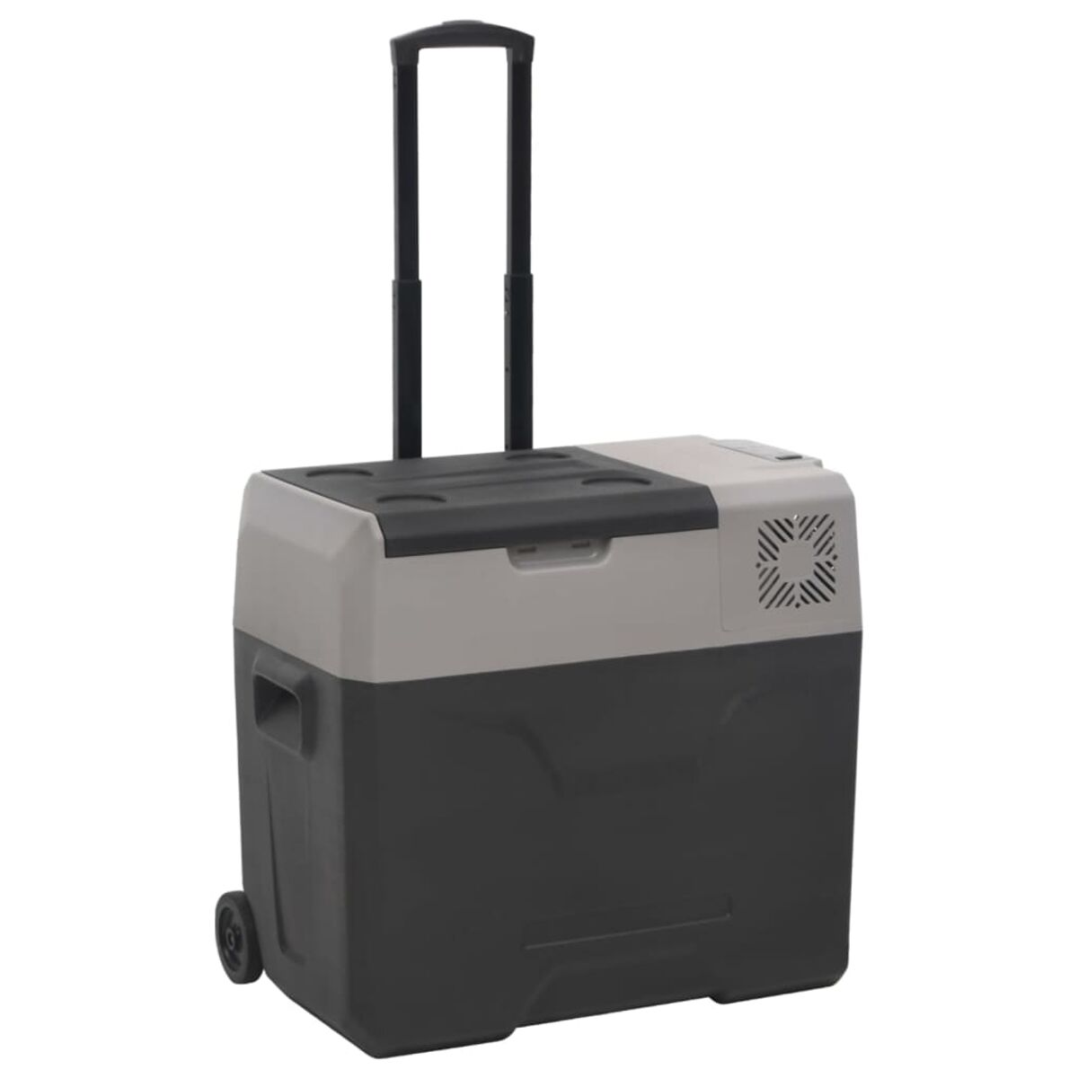 Eine grau-schwarze tragbare Kühlbox mit Rädern und Griff, vor weißem Hintergrund.