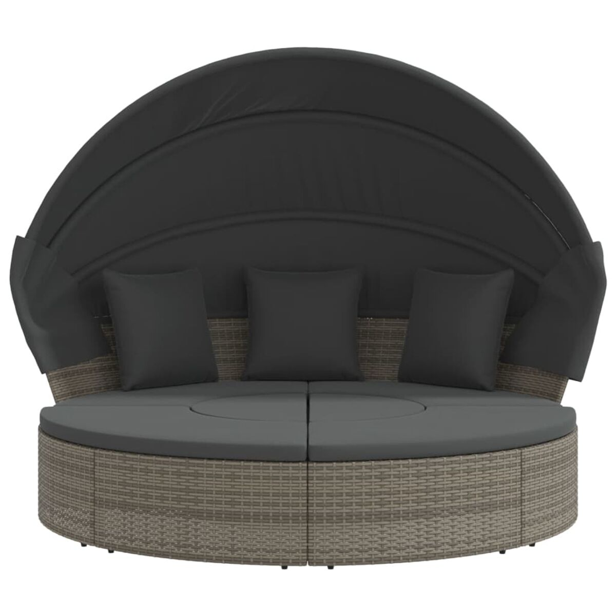 Rundes Outdoor-Daybed mit Baldachin, Kissen und gewebter Rattanbasis.