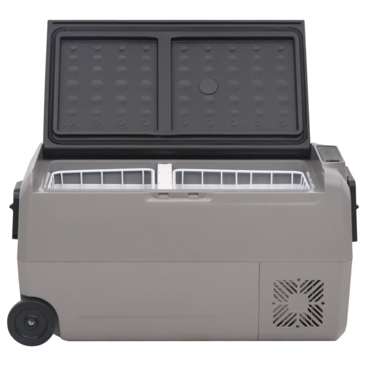 Eine graue Kühlbox mit offenem Deckel, der zwei Fächer freigibt. Sie hat Räder und eine Lüftung an der Seite.