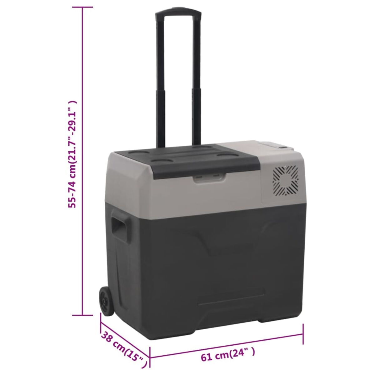 Tragbare Kühlbox mit Rädern und Griff, grau und schwarz, mit Maßangaben an der Seite.