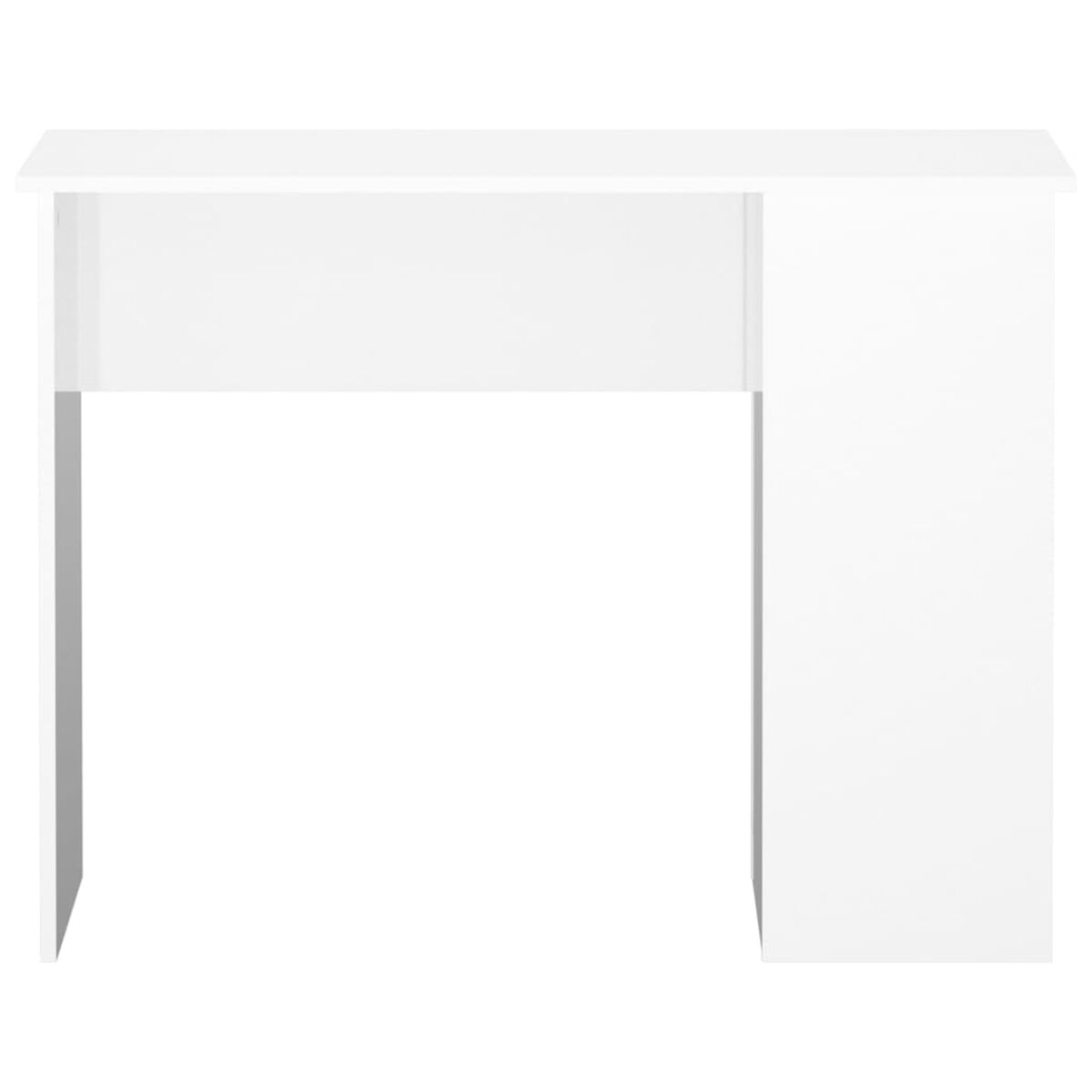 Weißer Schreibtisch mit einfachem Design. Er hat eine rechteckige Oberseite und einen Seitenschrank.