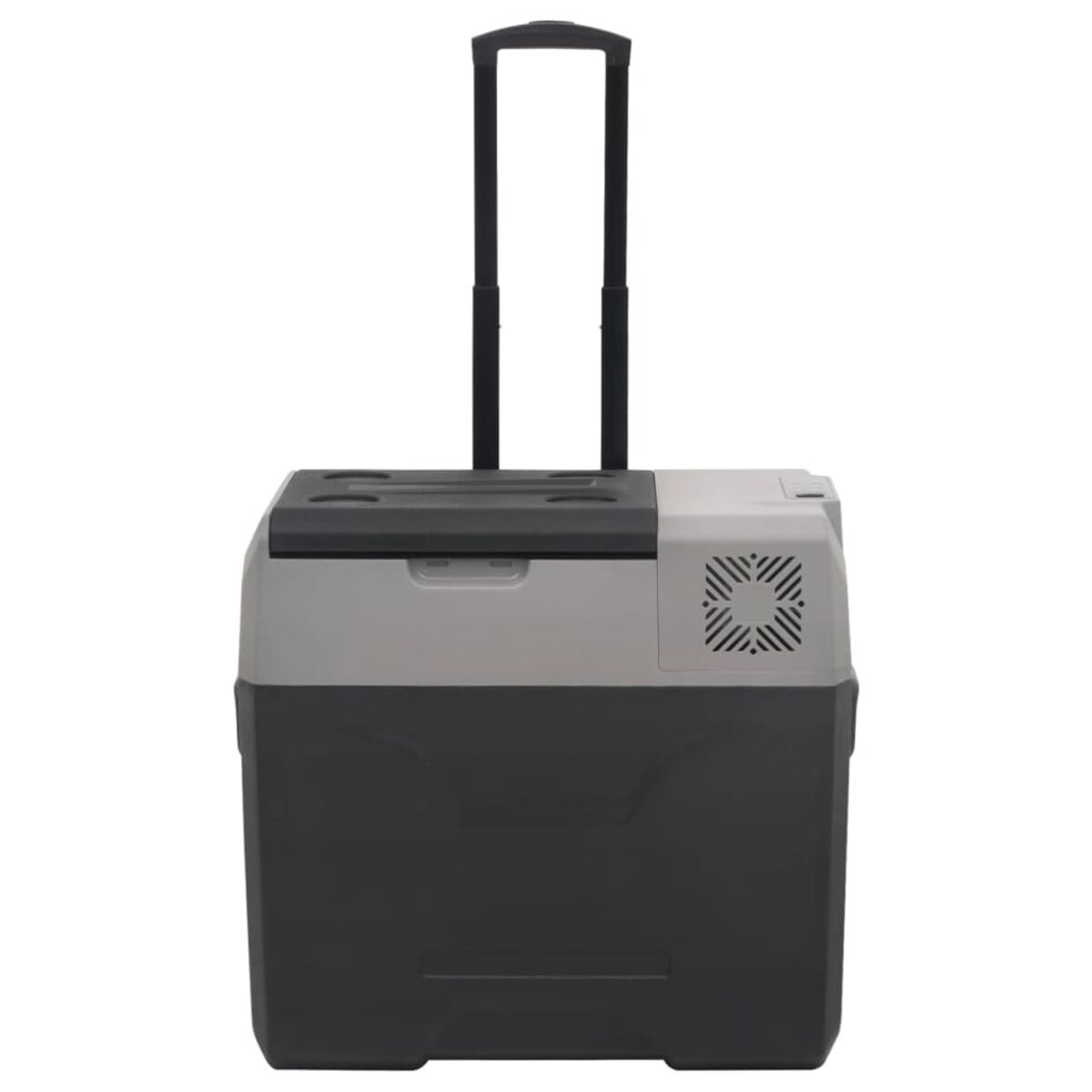 Eine schwarz-graue Kühlbox mit Ziehgriff und Rädern, sie ist isoliert.