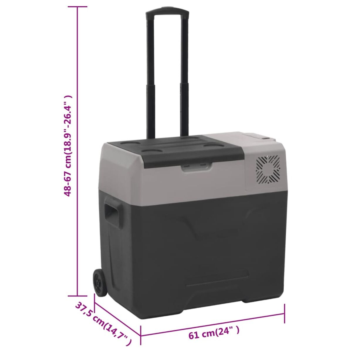 Tragbare graue und schwarze Kühlbox mit Rädern und ausziehbarem Griff, Abmessungen enthalten.