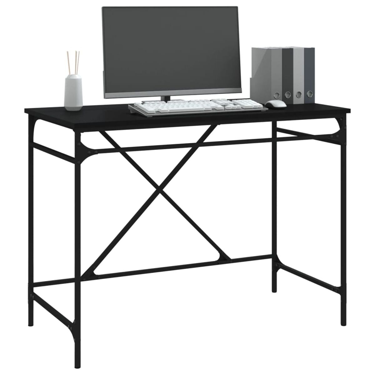 Schwarzer Schreibtisch mit Monitor, Tastatur und Bürobedarf. Hat Metallrahmen.